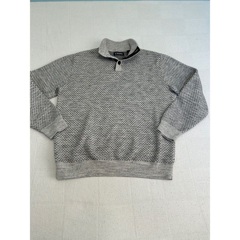 Chaps Mens Grey Black Micro Pattern 1/4 Button Mock Neck Cotton Sweater Size M